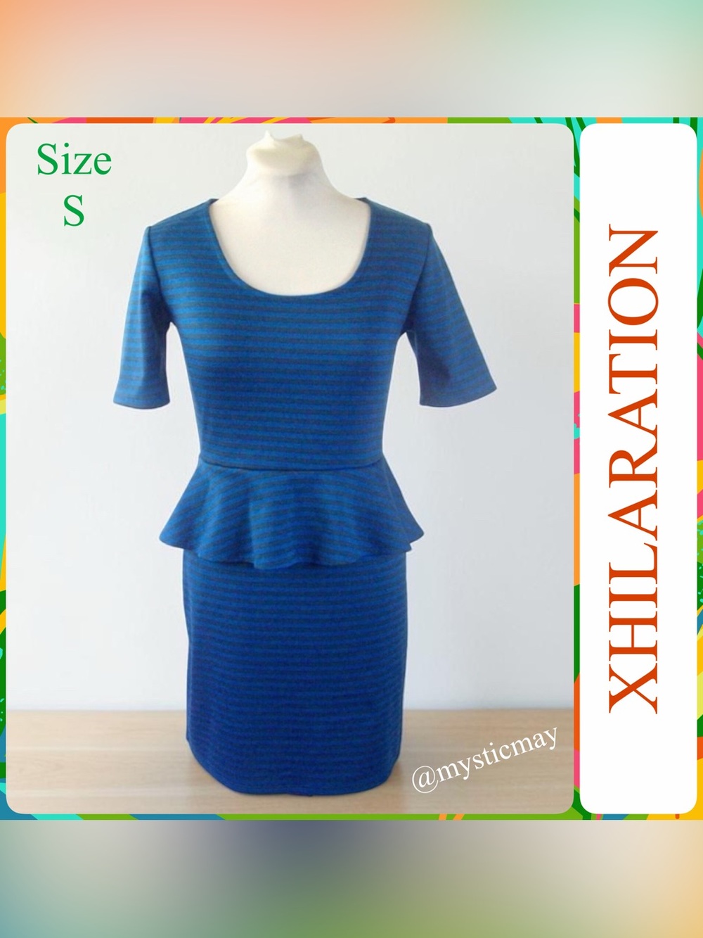 XHILARATION Blue w Gray Striped Peplum Waist Midi Sheath Dress Size S